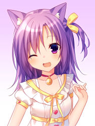 Rule 34 | 1girl, ;d, animal ears, bell, blush, bow, cat ears, choker, collarbone, commentary request, craytm, dress, gradient background, hair between eyes, hair bow, hand up, head tilt, heart, jingle bell, long hair, looking at viewer, neck bell, one eye closed, one side up, open mouth, original, puffy short sleeves, puffy sleeves, purple background, purple eyes, purple hair, red choker, short sleeves, smile, solo, white background, white dress, yellow bow