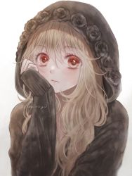 Rule 34 | 1girl, artist name, black hoodie, blonde hair, blush, expressionless, floral print, ginniroya, hair between eyes, hand on own cheek, hand on own face, hand up, highres, hood, hood up, hoodie, long hair, looking at viewer, original, parted lips, red eyes, simple background, sleeves past wrists, solo, upper body, white background