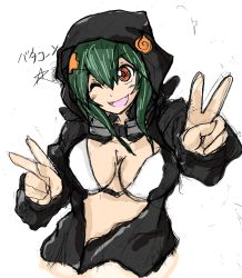 Rule 34 | 1girl, artist request, breasts, digimon, green hair, highres, hood, hoodie, jacket, large breasts, looking at viewer, open clothes, open jacket, open mouth, shinomiya rina, smile, translation request, wavy hair