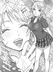 Rule 34 | 1girl, breasts, commentary request, greyscale, hachimiya meguru, hair ornament, hairclip, idolmaster, idolmaster shiny colors, kimidake, large breasts, long hair, miniskirt, monochrome, open mouth, plaid, plaid skirt, pleated skirt, polo shirt, skirt, smile, sparkle