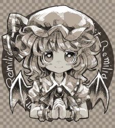 Rule 34 | 1girl, 2girls, ascot, azuki (azuki-taste), bat wings, blush, brooch, character name, checkered background, hat, hat ribbon, heart, heart-shaped pupils, jewelry, looking at viewer, mob cap, monochrome, multiple girls, own hands clasped, own hands together, puffy sleeves, remilia scarlet, ribbon, smile, solo, symbol-shaped pupils, touhou, upper body, wings, wrist cuffs