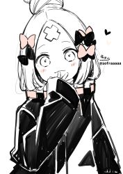 Rule 34 | 1girl, abigail williams (fate), abigail williams (traveling outfit) (fate), absurdres, black bow, black jacket, blush, bow, brown bow, closed mouth, fate/grand order, fate (series), hair bow, hair bun, hand up, head tilt, heart, heroic spirit traveling outfit, highres, jacket, long sleeves, looking at viewer, multiple hair bows, official alternate costume, parted bangs, signature, simple background, single hair bun, sleeves past wrists, smile, sofra, solo, twitter username, upper body, white background