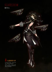 Rule 34 | 1girl, back, backless dress, backless outfit, conductor baton, black background, black dress, black footwear, black gloves, black hair, boots, brown eyes, character name, chinese text, directed-energy weapon, dress, drone, energy gun, energy weapon, floating, floating object, floating weapon, full body, girls&#039; frontline, gloves, gun, highres, infukun, long sleeves, looking at viewer, looking back, mask, medium hair, official art, pinstripe pattern, respirator, scarecrow (girls&#039; frontline), solo, standing, striped, translation request, twintails, weapon