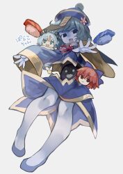 Rule 34 | black eyes, blue bow, blue eyes, blue hair, blue skin, bow, brown eyes, character name, character request, collared shirt, colored skin, commentary request, disembodied head, fang, flower, food, grey hair, hair bow, hat, hat flower, highres, hollow body, horns, jiangshi, long sleeves, looking at viewer, neck ribbon, ofuda, ofuda on head, original, outstretched arms, parako (zenerat), qingdai guanmao, red hair, ribbon, risui (suzu rks), second-party source, sekibanki, shirt, short hair, simple background, skin fang, sushi, touhou, white background, wide sleeves, zombie pose