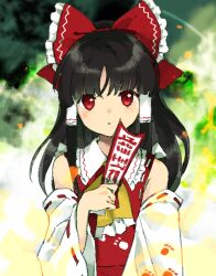 Rule 34 | 1girl, bare shoulders, black hair, bow, detached sleeves, hair bow, hair tubes, hakurei reimu, highres, holding, japanese clothes, kaigen 1025, long hair, nontraditional miko, ofuda, parted lips, red bow, red eyes, ribbon-trimmed sleeves, ribbon trim, sidelocks, solo, touhou, unfinished dream of all living ghost, upper body, white sleeves, wide sleeves