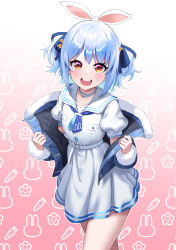 Rule 34 | 1girl, :d, absurdres, belt, blue eyes, blue jacket, blue neckerchief, blue ribbon, blush, carrot hair ornament, choker, commentary request, cowboy shot, dress, food-themed hair ornament, hair ornament, hair ribbon, highres, hololive, jacket, long sleeves, looking at viewer, neckerchief, off shoulder, open clothes, open jacket, open mouth, puffy short sleeves, puffy sleeves, red eyes, ribbon, round teeth, sailor collar, short eyebrows, short hair, short sleeves, smile, solo, standing, teeth, thick eyebrows, upper teeth only, usada pekora, usada pekora (casual), virtual youtuber, white belt, white choker, white dress, white sailor collar, ybee