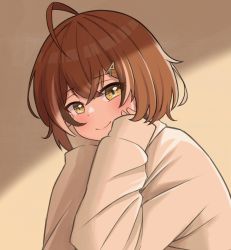 Rule 34 | 1girl, ahoge, bakedmonogamy, brown eyes, brown hair, hair ornament, hairclip, hands on own face, highres, hololive, hololive english, looking at viewer, loose clothes, multicolored hair, nanashi mumei, short hair, sleeves past wrists, smile, streaked hair, sweater, virtual youtuber, white sweater