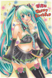 Rule 34 | 1girl, 39, aqua eyes, aqua hair, bad id, bad pixiv id, blush, bustier, character name, collar, detached sleeves, happy birthday, hatsune miku, headset, highres, irodori (arar37), long hair, marker (medium), midriff, navel, necktie, open mouth, pastel (medium), skindentation, skirt, sleeves past wrists, smile, solo, thighhighs, traditional media, twintails, very long hair, vocaloid