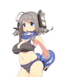 Rule 34 | 1girl, :o, ahoge, arms behind back, bikini, blue eyes, breasts, character request, cleavage, commentary request, cowboy shot, ffl, gloves, grey bikini, grey hair, hair ornament, highres, looking at viewer, medium breasts, navel, open mouth, original, plump, ryo mizuse, sidelocks, simple background, solo, striped bikini, striped clothes, swimsuit, transparent, two side up, white background, white gloves