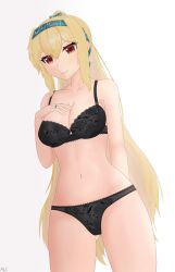 Rule 34 | 1girl, absurdres, blonde hair, bra, breasts, cleavage, girls&#039; frontline, gluteal fold, green hairband, green ribbon, hairband, hand on own chest, highres, jewelry, lace, lace-trimmed bra, lace-trimmed panties, lace trim, lingerie, long hair, looking at viewer, medium breasts, mr.something, panties, red eyes, ribbon, ring, solo, sv-98 (girls&#039; frontline), underwear