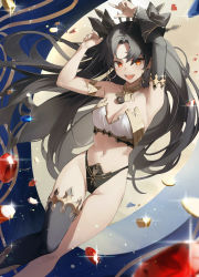Rule 34 | 1girl, absurdres, armlet, armpits, arms up, bikini, black hair, breasts, cleavage, coin, earrings, fate/grand order, fate (series), floating hair, gem, gold, highres, hoop earrings, ishtar (fate), jewelry, long hair, medium breasts, mismatched bikini, navel, neck ribbon, open mouth, red eyes, revision, ribbon, red gemstone, single sleeve, single thighhigh, single wrist cuff, smile, solo, star741, swimsuit, symbol-shaped pupils, thighhighs, thighlet, tiara, very long hair, wrist cuffs