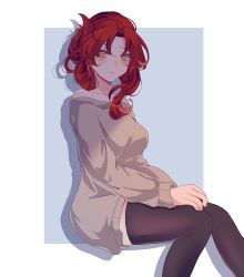 Rule 34 | 1girl, bare shoulders, black thighhighs, blue background, border, bottomless, brown sweater, closed mouth, highres, honkai (series), honkai impact 3rd, invisible chair, kiwuikiwi, long sleeves, murata himeko, off-shoulder sweater, off shoulder, red hair, shaded face, sitting, solo, sweater, thighhighs, white border, yellow eyes