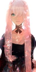 Rule 34 | 1girl, black dress, blue eyes, blue nails, breasts, choker, cleavage, dress, female focus, hair over one eye, hebi, highres, jewelry, long hair, looking at viewer, megurine luka, nail polish, pink hair, puffy sleeves, ring, simple background, solo, very long hair, vocaloid, white background