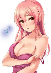 Rule 34 | 1girl, :o, absurdres, blush, breasts, camisole, character name, cleavage, collarbone, highres, idolmaster, idolmaster cinderella girls, jougasaki mika, looking at viewer, medium breasts, murabito c, pink camisole, pink hair, simple background, solo, strap slip, strapless, upper body, white background, yellow eyes