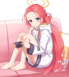 Rule 34 | bare legs, barefoot, blue archive, blue eyes, blush, couch, feet, hair ribbon, halo, handheld game console, highres, holding, holding handheld game console, knees up, long hair, long sleeves, looking at viewer, machikado, on couch, pillow, red hair, ribbon, sitting, very long hair, yuzu (blue archive)