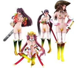 Rule 34 | 3d, 4girls, alternate costume, aya (oneechanbara), banana, blush, breasts, chainsaw, collar, cowboy hat, crossed arm, elbow gloves, embarrassed, food, food on crotch, food on nipples, fruit, gloves, hairband, hat, high heels, impossible clothes, kagura (oneechanbara), katana, large breasts, long hair, looking away, medium breasts, multicolored shoes, multiple girls, navel, nude, official art, oneechanbara, pink gloves, ponytail, saaya (oneechanbara), saki (oneechanbara), strawberry, sword, thighhighs, twintails, very long hair, weapon, white legwear