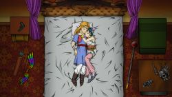 Rule 34 | 1boy, 1girl, absurdres, andy (dq5), arrow (projectile), bed, blue eyes, blue hair, bow, bow (weapon), breasts, chest of drawers, couple, curtains, dragon quest, dragon quest v, dress, earrings, closed eyes, flora (dq5), gauntlets, gun, hair bow, half updo, handgun, helmet, hetero, highres, huge filesize, jewelry, long hair, pink bow, pistol, professormegaman, quiver, scenery, scepter, sleeping, smile, staff, table, weapon