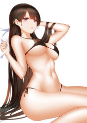 Rule 34 | 1girl, absurdres, an yasuri, arm up, bad id, bad pixiv id, bare arms, bare shoulders, bikini, black bikini, breasts, brown hair, hair ornament, hairclip, half updo, hand up, highres, large breasts, long hair, looking at viewer, navel, original, parted lips, pink eyes, side-tie bikini bottom, simple background, sitting, solo, stomach, swimsuit, thighs, very long hair, white background