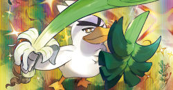 Rule 34 | animal focus, bird, brown eyes, creatures (company), duck, feathers, game freak, gen 8 pokemon, iribi you, nintendo, no humans, official art, one eye closed, pokemon, pokemon (creature), pokemon tcg, shield, sirfetch&#039;d, smile, sparkle, spring onion, third-party source, white feathers