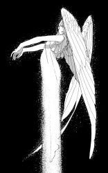 Rule 34 | 1girl, arched back, bare arms, bare shoulders, barefoot, dress, feathered wings, flying, from side, glowing, greyscale, highres, light particles, looking at viewer, monochrome, one eye covered, open mouth, original, outstretched arms, simple background, sketch, solo, syalgu, wings
