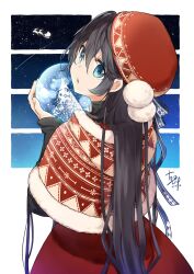 Rule 34 | 1girl, black hair, blue eyes, capelet, christmas, dated, dress, from behind, fur-trimmed capelet, fur trim, hair behind ear, hair between eyes, highres, hood, hood down, hooded capelet, jiyuu (xjuyux), long hair, looking at viewer, looking back, open mouth, original, pom pom (clothes), red capelet, red dress, signature, sky, snow globe, solo, star (sky), starry sky, very long hair