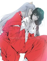 Rule 34 | 1boy, 1girl, animal ears, black hair, blush, breasts, brown eyes, couple, dog ears, fang, fingernails, grey hair, hair between eyes, hair ribbon, hakama, hand on another&#039;s shoulder, holding hands, inuyasha, inuyasha (character), japanese clothes, jewelry, kikyou (inuyasha), kneeling, long hair, looking at another, medium breasts, miko, necklace, open mouth, orange eyes, parted lips, ribbon, sharp fingernails, sidelocks, sitting, smile, spykeee, whispering in ear, white background, white ribbon