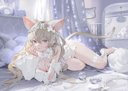 Rule 34 | 1girl, :3, animal ears, ankle ribbon, arm support, barefoot, bed, blonde hair, blue eyes, breasts, canopy bed, cat ears, cat girl, cat tail, closed mouth, detached sleeves, diamond-shaped pupils, diamond (shape), flower, hair flower, hair ornament, hair ribbon, hand mirror, kitada mo, large breasts, leg ribbon, long hair, looking at viewer, lying, mirror, nail polish, on bed, on stomach, original, ribbon, sidelocks, silver nails, smile, solo, symbol-shaped pupils, tail, tail ornament, tail ribbon, thighs, virtual youtuber, wavy hair, white ribbon