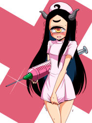Rule 34 | + +, 1girl, black hair, blush, borrowed character, brown eyes, commentary request, covering crotch, covering privates, cowboy shot, cyclops, dress, fang, glint, hat, legs together, long hair, looking at viewer, nurse cap, one-eyed, open mouth, original, oversized object, parted bangs, pink dress, pink hat, shake-o, short dress, short sleeves, solo, standing, sweatdrop, syringe, tears, thigh gap, trembling