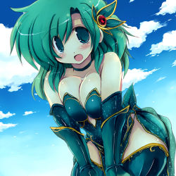 Rule 34 | 1990s (style), 1girl, :d, armor, bare shoulders, bent over, blue sky, blush, breasts, breasts squeezed together, choker, cleavage, cloud, collarbone, day, final fantasy, final fantasy iv, gauntlets, green eyes, green hair, hair ornament, hairpin, large breasts, long hair, looking at viewer, matching hair/eyes, open mouth, retro artstyle, rydia (ff4), sakaki (noi-gren), short hair, simple background, sky, smile, solo, thighhighs