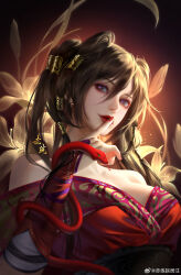 Rule 34 | 1girl, absurdres, bare shoulders, breasts, brown hair, chi lian (qinshi mingyue), closed mouth, dress, earrings, flower, hand up, highres, index finger raised, jewelry, liang shushu, looking to the side, medium breasts, off-shoulder dress, off shoulder, purple eyes, qinshi mingyue, red dress, red nails, smile, snake, solo