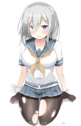 Rule 34 | 10s, 1girl, black pantyhose, blouse, blue eyes, breasts, female focus, gloves, hair ornament, hair over one eye, hairclip, hamakaze (kancolle), highres, kantai collection, large breasts, open mouth, pantyhose, pinoaisu, pleated skirt, school uniform, serafuku, shirt, short hair, silver hair, skirt, solo, torn clothes, torn pantyhose, white gloves