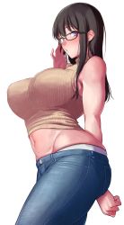 Rule 34 | 1girl, amano don, bare shoulders, black hair, blush, breasts, denim, glasses, highres, jeans, large breasts, long hair, looking at viewer, midriff, navel, original, pants, purple eyes, shirt, simple background, sleeveless, sleeveless shirt, solo, thighs, white background