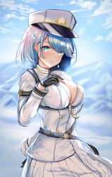 Rule 34 | 1girl, absurdres, azur lane, black gloves, blue eyes, blue hair, blue sky, blush, breasts, chain, chapayev (azur lane), closed mouth, cloud, gloves, hair ornament, hairclip, hat, highres, jacket, kulayueyue, large breasts, looking at viewer, military hat, mole, mole on breast, mountain, peaked cap, short hair, sky, smile, snow, solo, white hat, white jacket