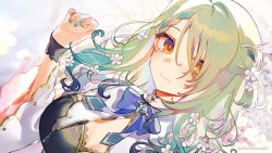 Rule 34 | 1girl, angle, antlers, braid, braided bangs, branch, breasts, ceres fauna, flower, green hair, hair flower, hair ornament, hand up, highres, hinasumire, hololive, hololive english, horns, large breasts, leaf, looking at viewer, medium hair, mole, mole under eye, one eye covered, single braid, smile, solo, virtual youtuber, wavy hair