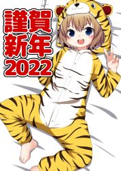 Rule 34 | 1girl, animal costume, animal print, barefoot, blue eyes, blush, brown hair, chinese zodiac, double v, feet, hachijou (kancolle), highres, kantai collection, looking at viewer, medium hair, nassukun, new year, open mouth, solo, tiger costume, tiger print, toes, v, year of the tiger