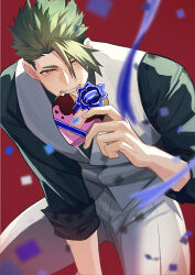 Rule 34 | 1boy, absurdres, achilles (fate), black shirt, box, buttons, confetti, fate/grand order, fate (series), green hair, grin, haruakira, heart-shaped box, highres, holding, holding box, leaning forward, looking at viewer, male focus, muscular, muscular male, orange eyes, pants, red background, shirt, short hair, smile, solo, undercut, vest, white pants, white vest