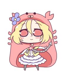 Rule 34 | 100 percent orange juice, 1girl, black pantyhose, black vest, blonde hair, blue flower, blush stickers, closed mouth, commentary request, cosplay, crab costume, crab hood, flower, full body, hair between eyes, hime (orange juice), himouto! umaru-chan, hono, hood, hood up, komaru, komaru (cosplay), komaru (himouto! umaru-chan), layered skirt, long sleeves, lowres, no shoes, official art, outstretched arm, pantyhose, red eyes, shirt, skirt, smile, solo, suguri, transparent background, vest, white shirt, white skirt