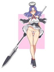 Rule 34 | 1girl, bare shoulders, black gloves, blue hair, blush, bow, bow panties, clothes lift, dress, dress lift, full body, glaive (polearm), gloves, hair intakes, halo, highres, holding, holding weapon, kaiduka akuta, kantai collection, mechanical halo, medium hair, panties, pantyshot, polearm, side-tie panties, smile, solo, standing, sweatdrop, tatsuta (kancolle), tatsuta kai ni (kancolle), underwear, weapon, white panties