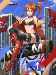 Rule 34 | 1girl, aircraft, ammunition belt, bikini, bikini top only, black thighhighs, boots, breasts, cameo, cheering, city, cleavage, collar, communism, confetti, crowd, flag, giant, giantess, grin, helicopter, jacket, karl marx, knee boots, long hair, military, military vehicle, motor vehicle, northman, o-ring, o-ring top, off shoulder, original, real life, red footwear, red hair, riding, shorts, side ponytail, smile, solo focus, spiked collar, spikes, swimsuit, tank, teeth, thigh strap, thighhighs