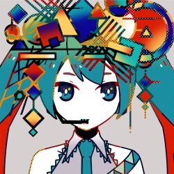 Rule 34 | 1girl, abstract, aqua eyes, aqua hair, aqua necktie, bare shoulders, collared shirt, colored skin, commentary, grey background, grey shirt, halftone, hatsune miku, headset, long hair, looking at viewer, machigami yoh, necktie, no nose, portrait, shirt, sleeveless, sleeveless shirt, solo, straight-on, twintails, vocaloid, white skin