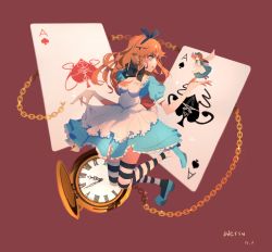 Rule 34 | 1girl, ace (playing card), ace of hearts, ace of spades, alice (alice in wonderland), alice in wonderland, apron, bad id, bad pixiv id, blonde hair, blue eyes, breasts, card, clock, dress, full body, glint, hair ornament, hair ribbon, heart, highres, legs, mini person, minigirl, oiessw, playing card, ribbon, shoes, sideways mouth, skirt, spade (shape), striped clothes, striped thighhighs, thighhighs