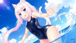 Rule 34 | 1girl, :d, animal ear fluff, animal ears, bare arms, beach, black one-piece swimsuit, blue eyes, blue sky, blunt bangs, blush, breasts, cat ears, cat girl, cat tail, cloud, commentary, competition swimsuit, covered navel, cowboy shot, curvy, day, english commentary, floating hair, groin, highres, lens flare, link n7, long hair, looking afar, low twintails, midriff, nekopara, one-piece swimsuit, open hand, open mouth, outdoors, sayori (neko works) (style), shiny skin, sidelocks, signature, sky, small breasts, smile, solo, sparkle, splashing, split mouth, swimsuit, tail, tail raised, thighs, twintails, vanilla (nekopara), very long hair, wading, water, water drop, wet, wet clothes, wet swimsuit, white hair, white tail