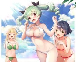 Rule 34 | 10s, 3girls, :d, ^ ^, anchovy (girls und panzer), assisted exposure, bikini, black hair, blonde hair, blue sky, blush, braid, breasts, brown eyes, carpaccio (girls und panzer), chacharan, cleavage, closed eyes, cowboy shot, criss-cross halter, day, drill hair, embarrassed, girls und panzer, green bikini, green hair, halterneck, hand to own mouth, large breasts, medium breasts, multiple girls, navel, open mouth, outdoors, pepperoni (girls und panzer), red bikini, red eyes, short hair, side-tie bikini bottom, side braid, sky, smile, sunlight, sweatdrop, swimsuit, twin drills, twintails, untied bikini, untying, wavy mouth, white bikini