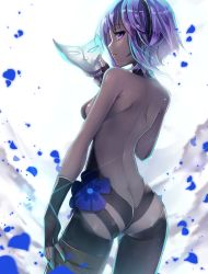 Rule 34 | 1girl, ass, bare back, bare shoulders, black gloves, black legwear, blush, breasts, butt crack, dark skin, dark-skinned female, fate/prototype, fate/prototype: fragments of blue and silver, fate (series), fingerless gloves, from behind, gloves, hassan of serenity (fate), highres, looking back, mask, unworn mask, purple eyes, purple hair, sho (runatic moon), short hair, skull mask, small breasts, solo