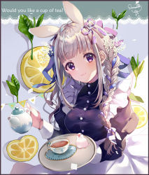 Rule 34 | 1girl, animal, animal ears, apron, bird, black dress, blue ribbon, blush, braid, breasts, brown hair, closed mouth, commentary request, cup, dress, english text, flower, food, fruit, hair flower, hair ornament, hair over shoulder, head tilt, holding, holding tray, juliet sleeves, lemon, lemon slice, long hair, long sleeves, looking at viewer, maid, medium breasts, original, puffy sleeves, puracotte, purple ribbon, rabbit ears, ribbon, ribbon braid, saucer, signature, smile, solo, tea, teacup, teapot, tray, twin braids, white apron, white flower