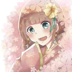 Rule 34 | 1girl, aqua eyes, aqua ribbon, blunt bangs, bob cut, cherry blossoms, commentary, commission, earrings, floral background, floral print, flower, gold trim, hair flower, hair ornament, hair ribbon, japanese clothes, jewelry, kimono, light brown hair, looking down, lower teeth only, open mouth, original, pink background, pink kimono, rei-suzuran, ribbon, short hair, sleeves past fingers, sleeves past wrists, solo, sparkling eyes, teeth, upper body, white background, wide sleeves, yellow flower