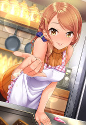 Rule 34 | 1girl, apron, blue bow, blush, bow, breasts, hair bow, highres, hojo karen, icing, idolmaster, idolmaster cinderella girls, indoors, kitchen, lens flare, looking at viewer, medium breasts, mk (mod0), orange hair, orange sweater, outstretched arm, ribbed sweater, smile, solo, sweater, sweater vest, swept bangs, tongue, tongue out, turtleneck, yellow eyes