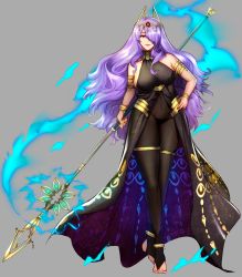 Rule 34 | 1girl, absurdres, alex (cerealex), alternate costume, anklet, armband, armlet, bare shoulders, black nails, black panties, blue fire, bodysuit, bracelet, breasts, bridal legwear, camilla (fire emblem), covered navel, female focus, fire, fire emblem, fire emblem fates, fire emblem heroes, full body, grey background, groin tendon, hair over one eye, highres, holding, holding polearm, holding weapon, jewelry, large breasts, lipstick, long hair, long legs, looking at viewer, makeup, nail polish, nintendo, panties, pink eyes, polearm, purple hair, see-through, see-through bodysuit, see-through legwear, simple background, smile, solo, thighlet, toeless legwear, toenail polish, toenails, underwear, weapon, wide hips