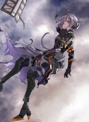 Rule 34 | 1girl, absurdres, armor, black gloves, closed mouth, cloud, cloudy sky, falling, gloves, highres, mechanical, mechanical arms, original, outdoors, pauldrons, red eyes, shiba42505719, short hair, shoulder armor, silver hair, single mechanical arm, sky, solo, torn clothes