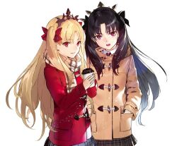 Rule 34 | 2girls, black bow, black hair, black skirt, blonde hair, bow, brown coat, coat, coffee, collared shirt, crown, drink, duffel coat, ereshkigal (fate), fate/grand order, fate (series), hair bow, hands in pockets, headpiece, holding, holding drink, ishtar (fate), long hair, looking at viewer, miniskirt, morii shizuki, multiple girls, open mouth, parted bangs, plaid, plaid skirt, red bow, red coat, red eyes, scarf, shirt, simple background, skirt, smile, two side up, white background, winter clothes